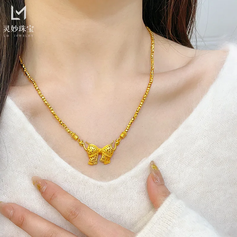 Comfortable Skin-Friendly Hollow Moon Bow Pendant Necklace For Women 24K Gold AU999, smooth chain no scratch