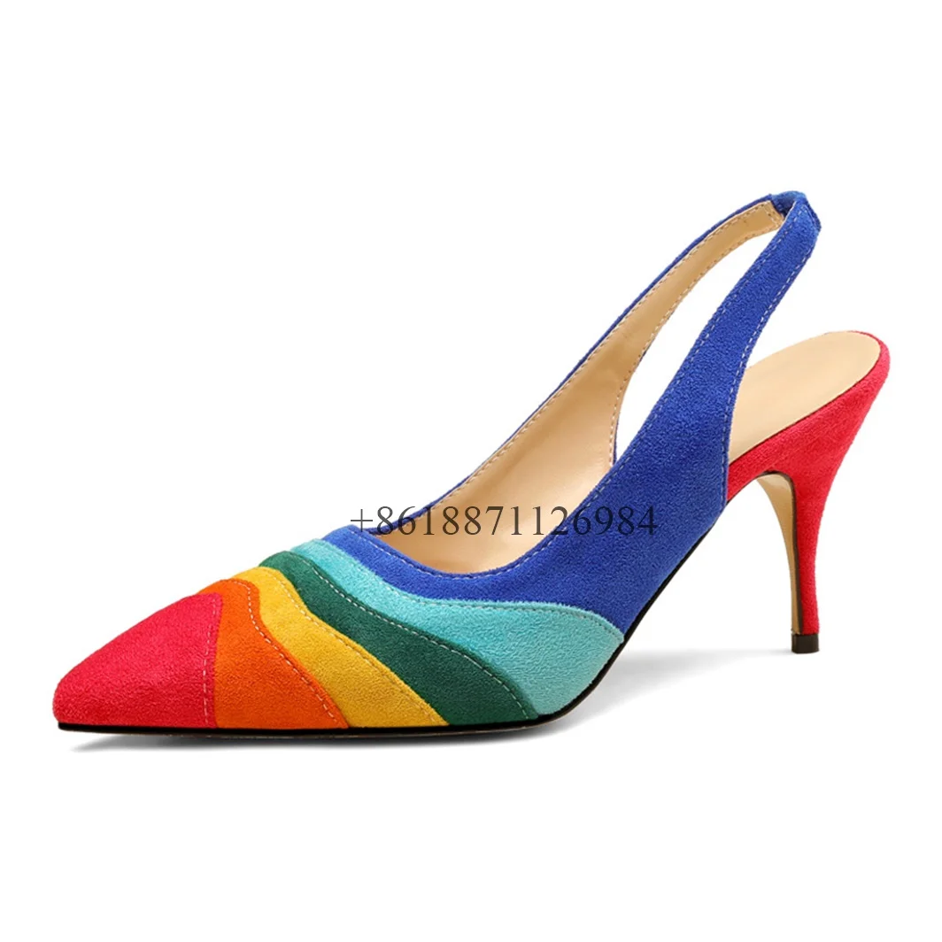 

Rainbow Mixed Color Pointed Toe Women Closed Toe Sandals Stiletto High Heels Elastic Band Design Large Size Shoes