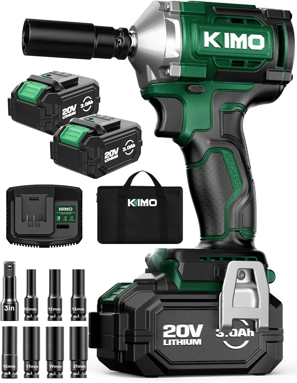 Kimo Impact Wrench 1/2 Inch With 814N.M/600Ft-Lbs Max Torque, 3 Mode Setting, 2 X 3000Mah Batteries, 3000 Rpm, 1 Hour Fast