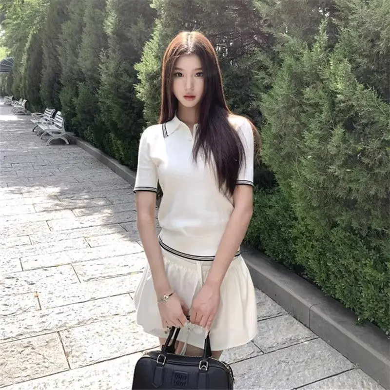 

Deeptown Casual White Women Polo Shirts Basic Short Sleeve T-shirts V-neck Gray Tops Korean Preppy Style Striped Tees All-match