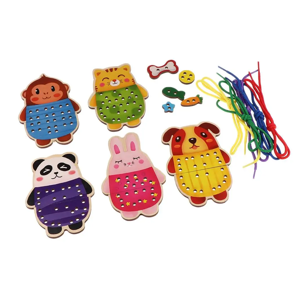 Montessori Wooden Threading Board Animal Lacing Educational Toy for Kids Basic Life Skills Toddler Gift