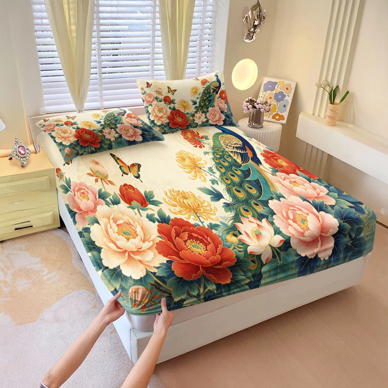 Oriental Peacock Peony Floral Fitted Sheet Set Elastic Deep Pocket Bed Cover With Pillowcases Vintage Flower Bed Sheet Decor