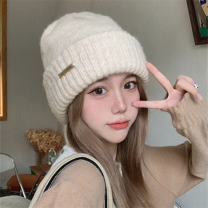 Winter Knit Beanie Hat Women Korean Solid Color Warm Loose Cap Autumn Thicken Crochet Woolen Hats Female Lady Skullcap