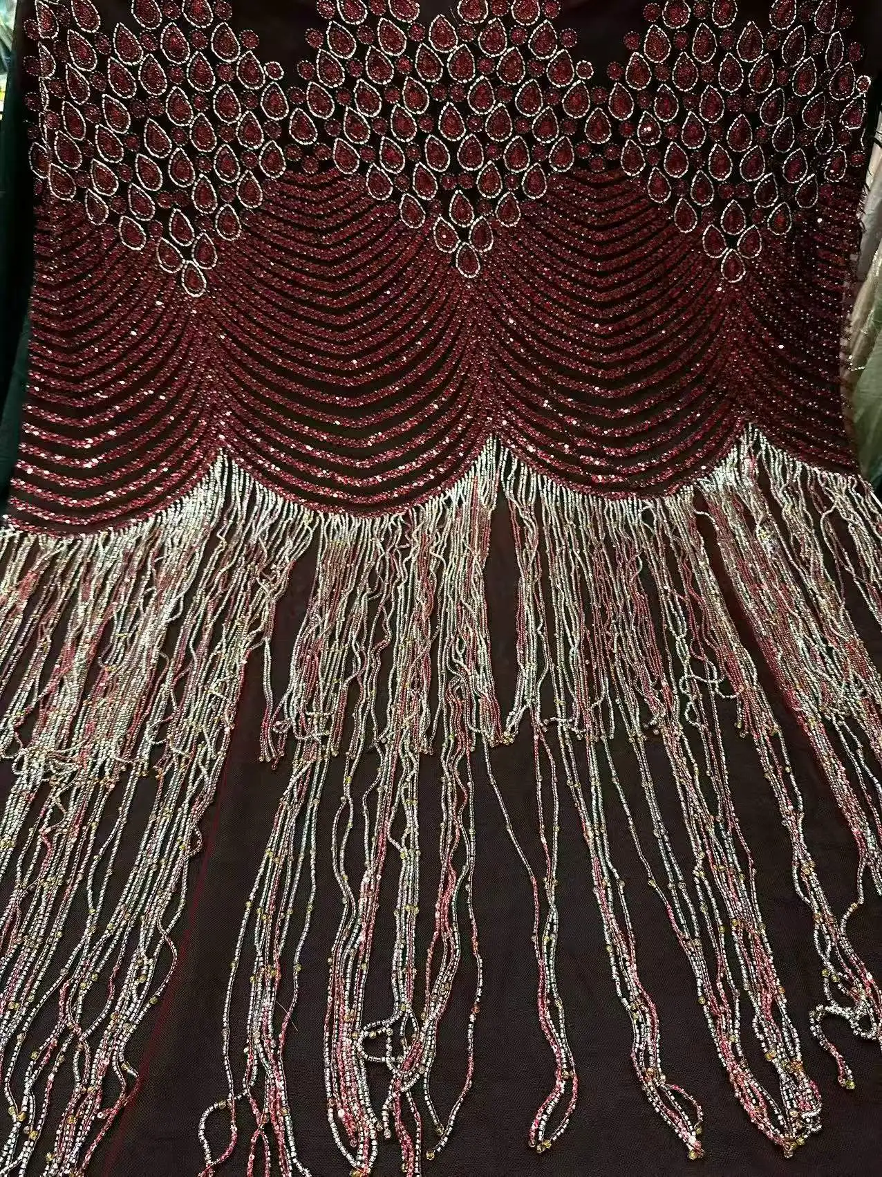 Luxury High Quality African Lace Fabric Long Comb Beaded Embroidered Nigerian Sequins Tulle 5 Yards for Sewing Party Dresses