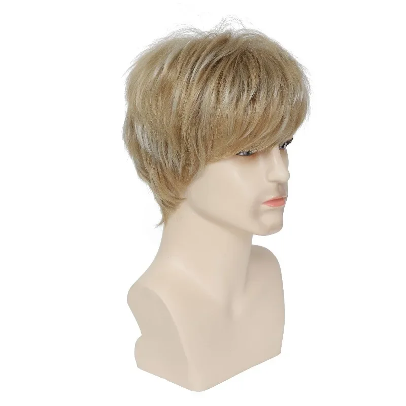 Man Mode Kant Geveegde Pony Kort Haar Podium Voeren Aankleden Hoofddeksels Chemische Vezel Pruik Muziek Festival Match Gouden Pruik Cover