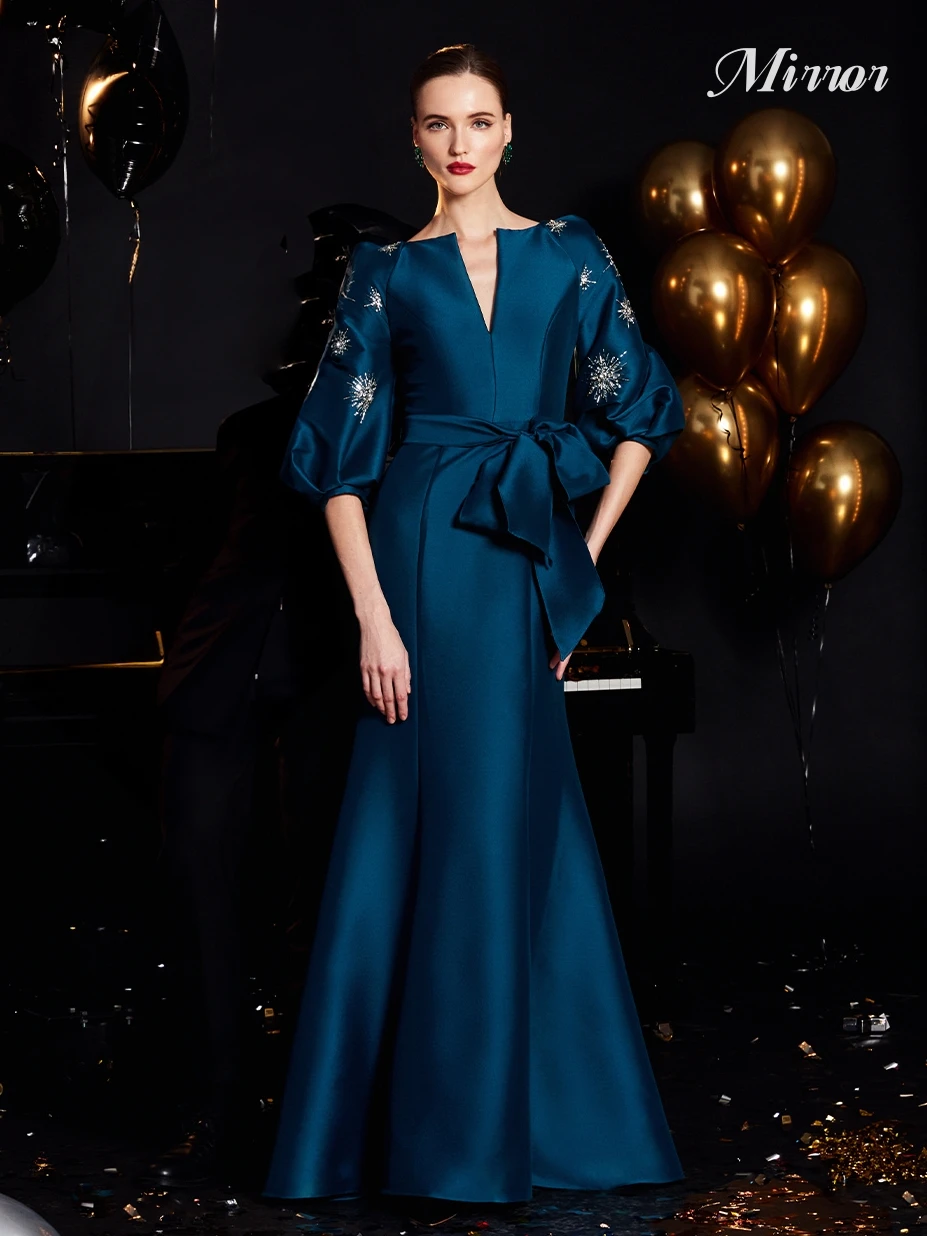 Mirror Dress Elegant Vintage Peacock Blue Beading Ribbon V-Neck Customized Formal Occasion Prom Dress Evening Party Gowns