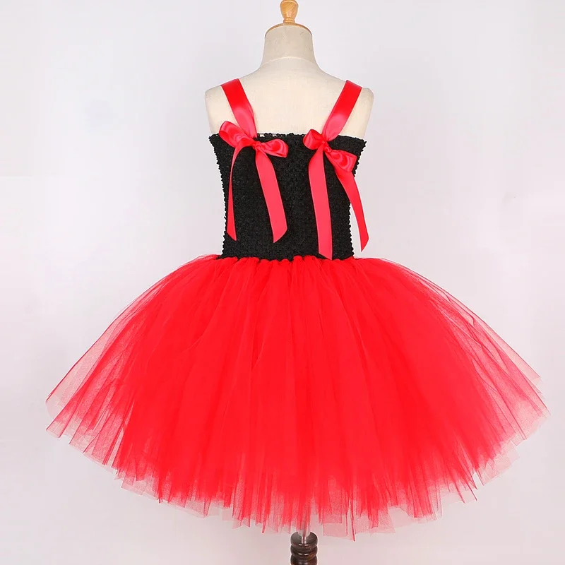 HN8 Red Queen of Hearts Costumes for Girls Alice Fancy Lined Tutu Dress Kids Halloween Christmas Party Outfit with Crown Mag)4Dc
