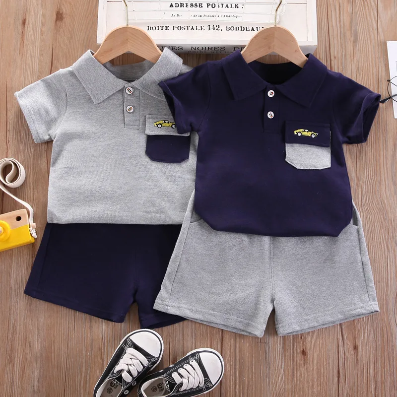 Short Sleeve Lapel Two Piece Baby Boy Clothes Suit Summer Navy Grey T Shirt Tops Shorts Casual Sport Kids 1 2 3 4 Year Old Wear