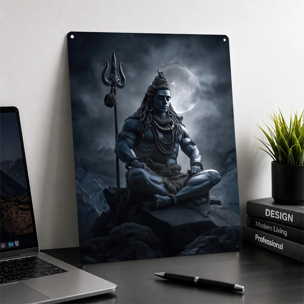 Lord Shiva Meditation Under Moonlight Personalized 3D Textured Metal Poster Wall Art Tinplate Sign for Home Decor Accessories