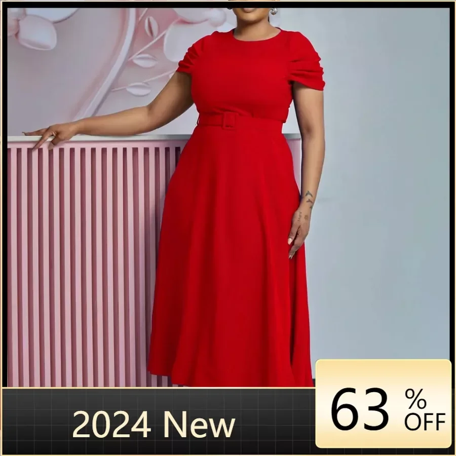 2024 New S-3XL Women O-Neck Half Sleeve Solid Color Office LadyTall Waist Mid-Calf Length Pleated Dresses