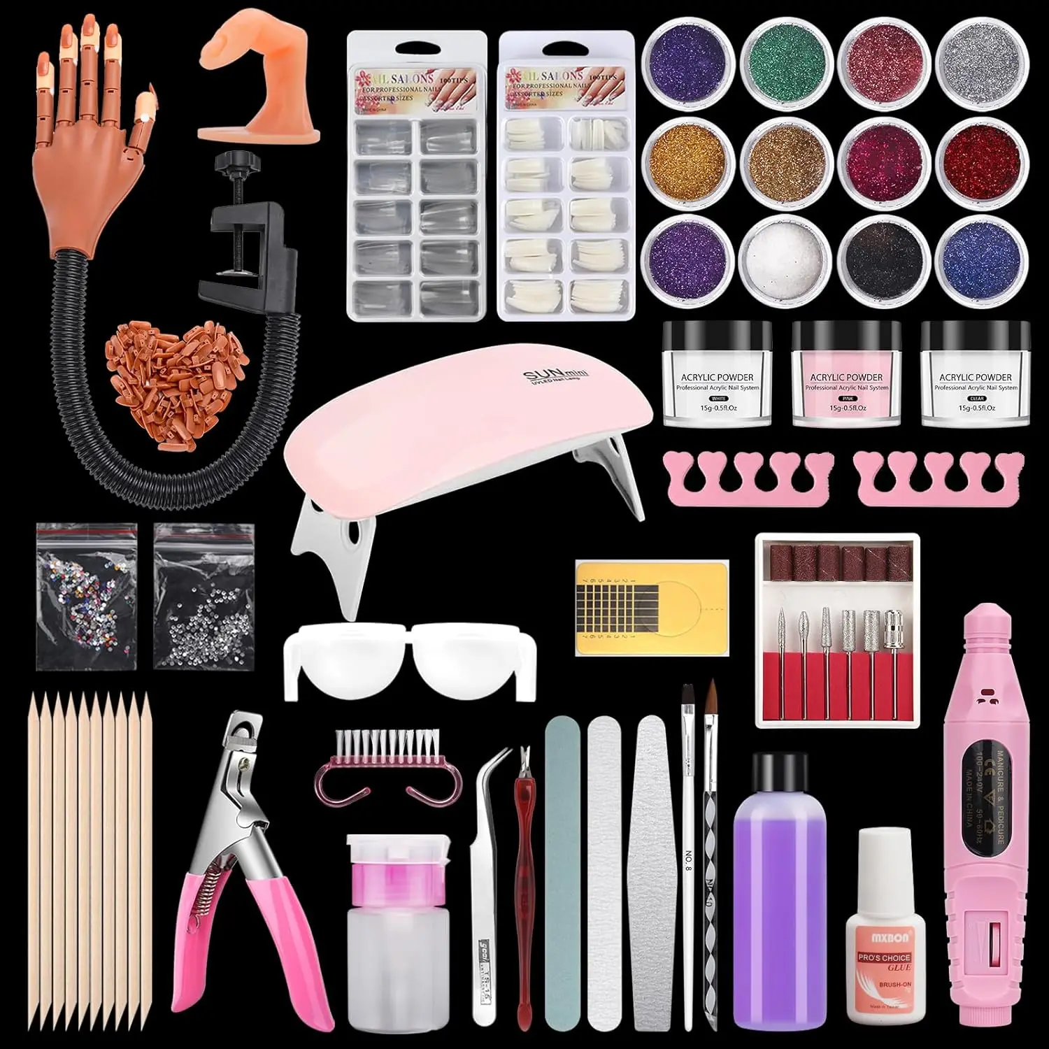 

Flexible Practice Nail Hand Kit with Movable Fingers, Nail Drill, Dryer Lamp, and 12 Colors Acrylic Powder for Beginners