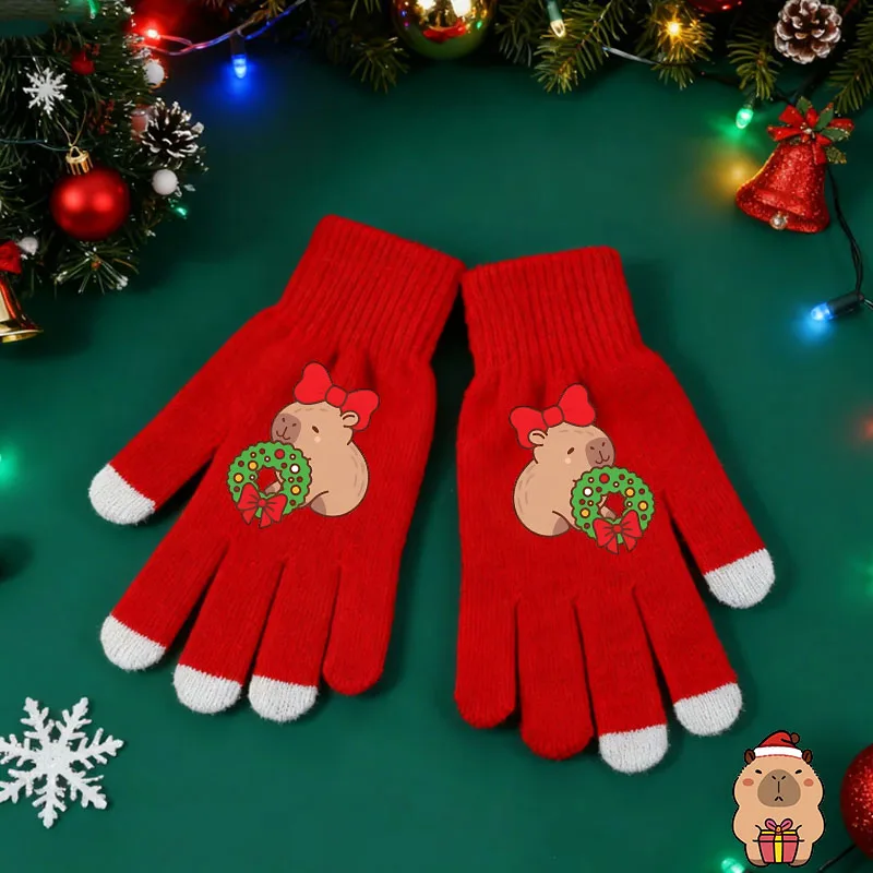 

Capybara Christmas Knitted Gloves Boys Girls Kawaii Anime Patterned Glove Winter Outdoor Warm Red Touch Screen Mittens Xmas Gift