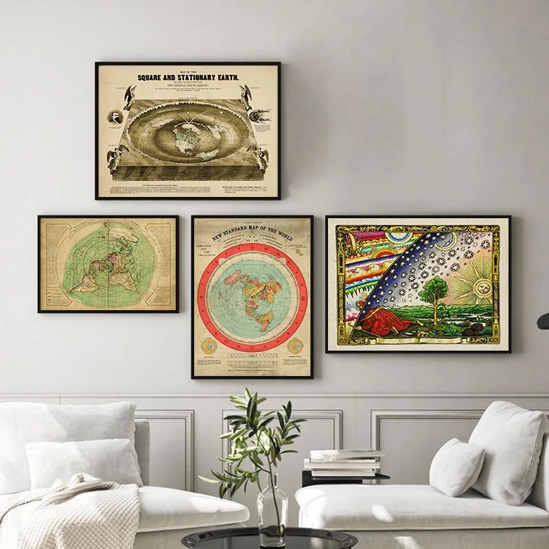 New Standard World Map Print Flat Earth Gleason’s Map Poster Vintage Alternative Science Wall Art Canvas Painting Home Decor