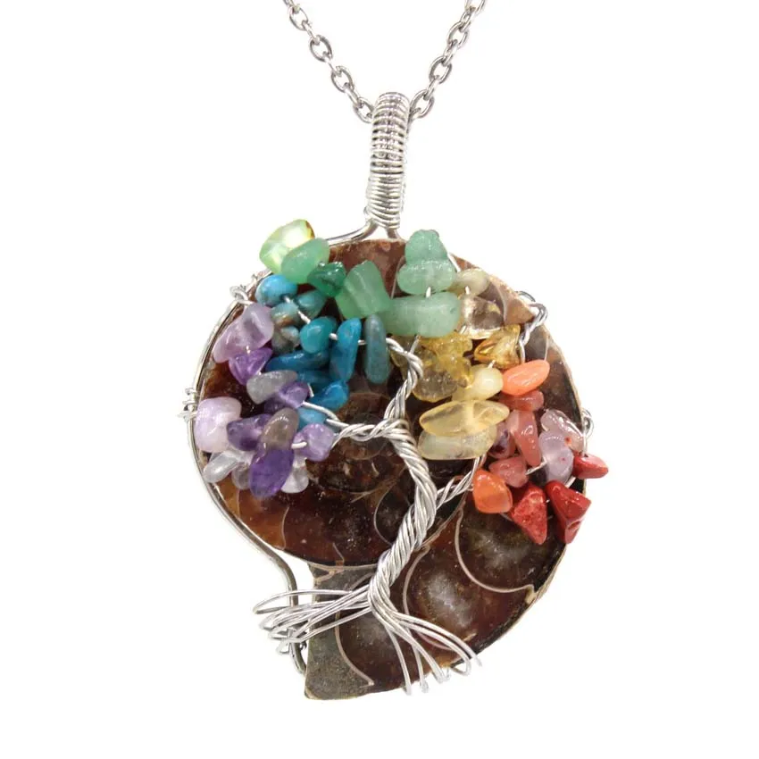 Chakra Crystal Tree of Life Pendant Necklace For Women Men Natural Amethyst Rose Quartz Ammonite Snail Spiral Conch Shell Chain