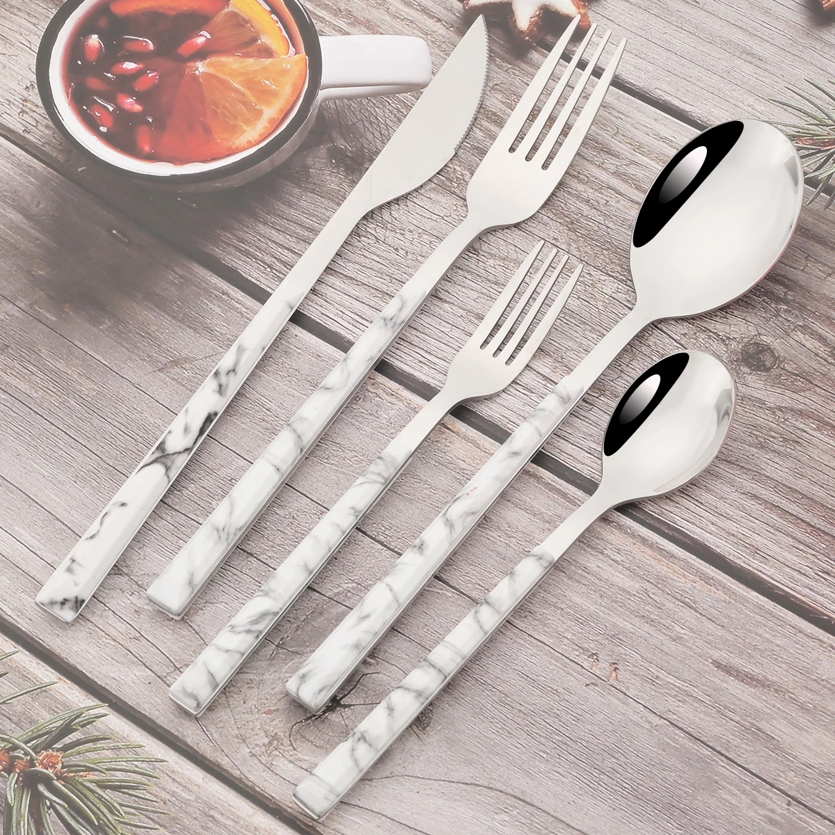 24/30Pcs Knife Forks Dessert Spoon Cutlery Set White Wood Handle Dinnerware Set Steak Stainless Steel Tableware Kitchen Flatware