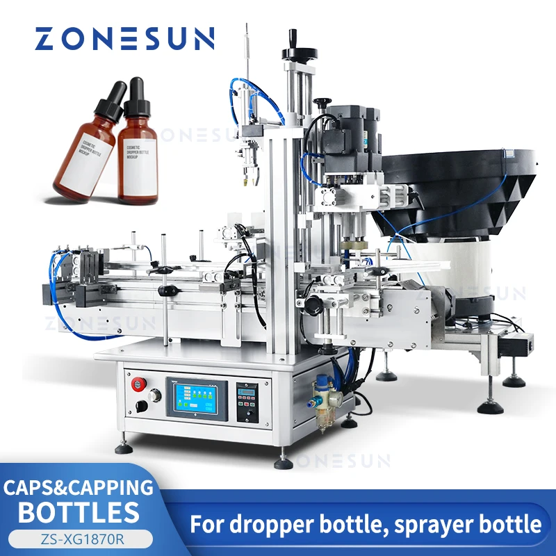 ZONESUN Automatic Dropper Bottle Sealing Machine Vibratory Cap Feeder Essential Oil Cosmetic Products Sprayer ZS-XG1870R