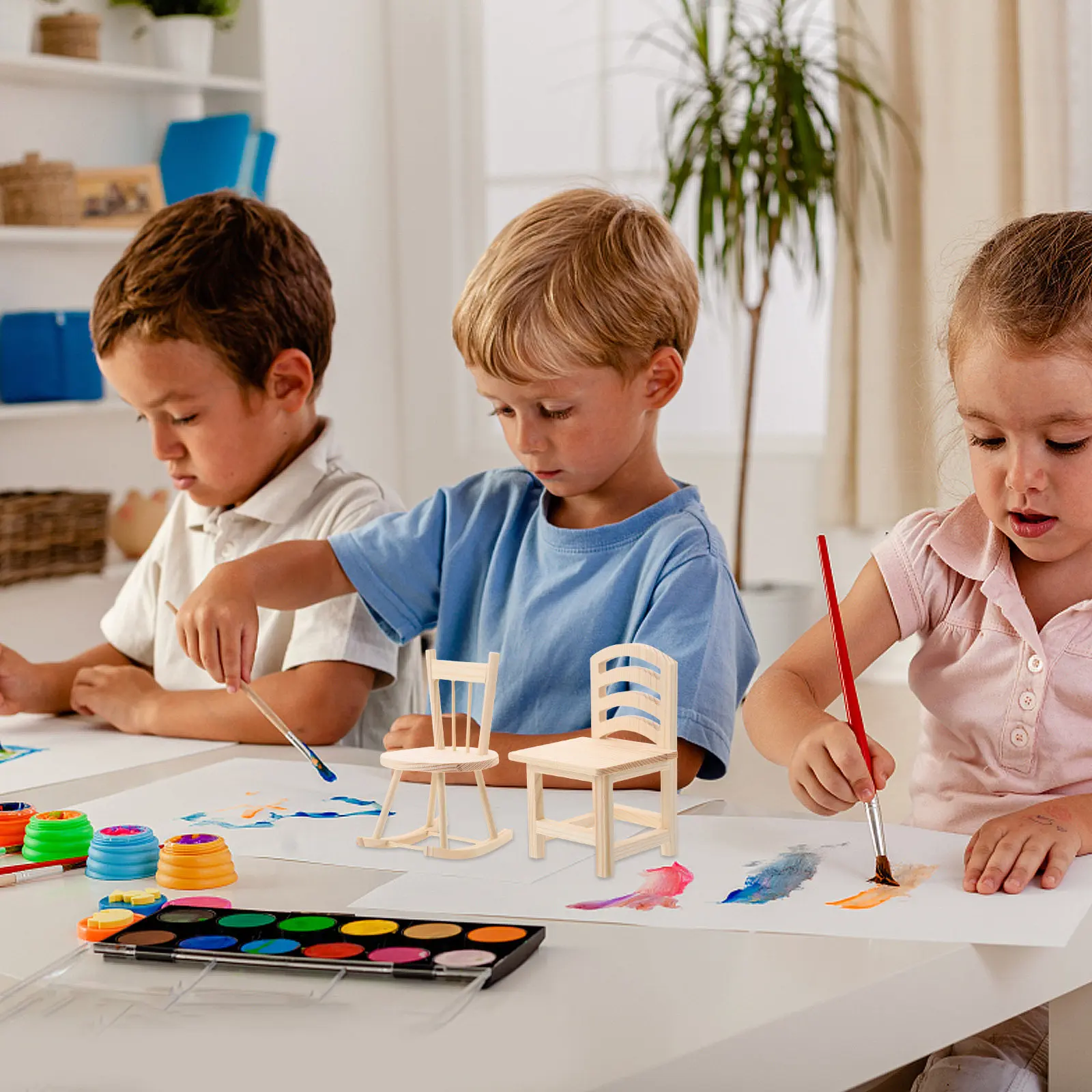 2Pcs Small Wooden Rocking Chair DIY Kit for Kids Creative Painting Craft Dollhouse Miniature Furniture Decoration