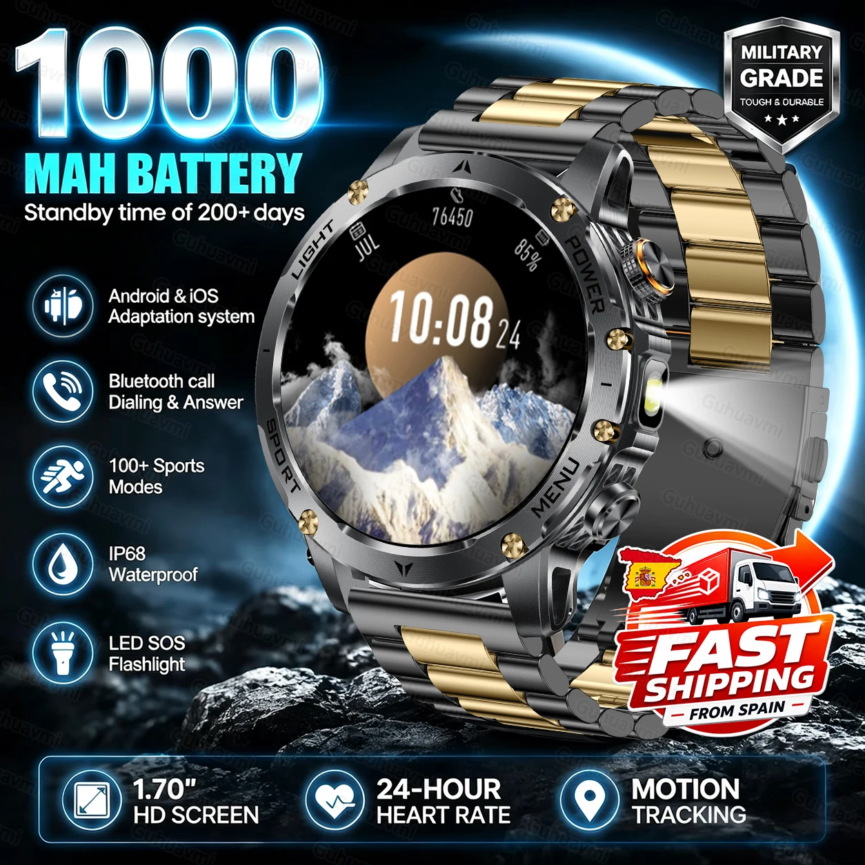 [Livraison locale UE] Nouvelle montre connectée 2026 AMOLED Saphir 1000 mAh Bracelet de fitness sportif Suivi des données Appel Bluetooth Étanche pour l'extérieur Durable Bracelet en acier noir Montre connectée pour Android iOS