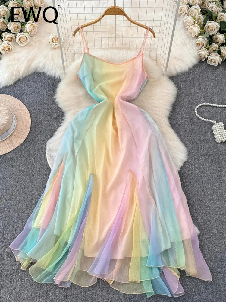 

EWQ Fashion Gradient Gauze Dress For Women Strapless Sleeveless Irregular Zippers A-line Long Dresses 2024 Summer New 27C587