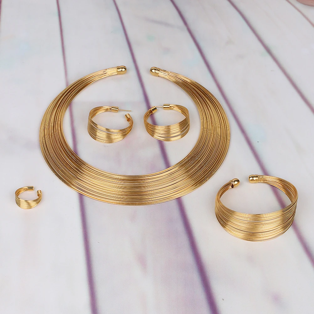 

4Pcs Multi Strands Open Choker Necklace Jewelry Suit African Style Gold Plated for Women Wedding Bridal Party