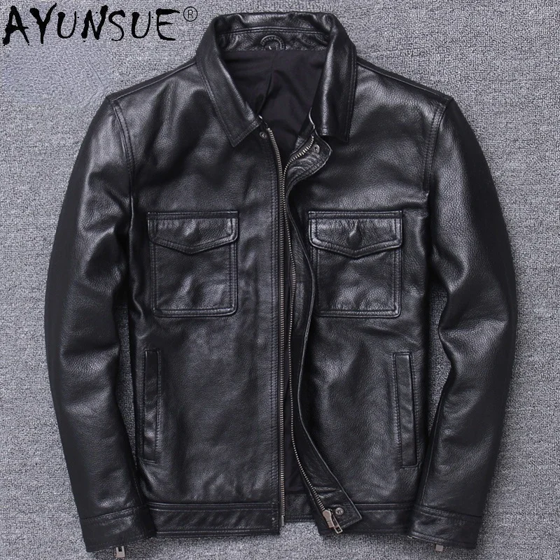 

AYUNSUE Genuine Leather Jacket Men Vintage Natural Cowskin Coat Spring Autumn Mens Leather Motorcycle Jackets Chaquetas Hombre