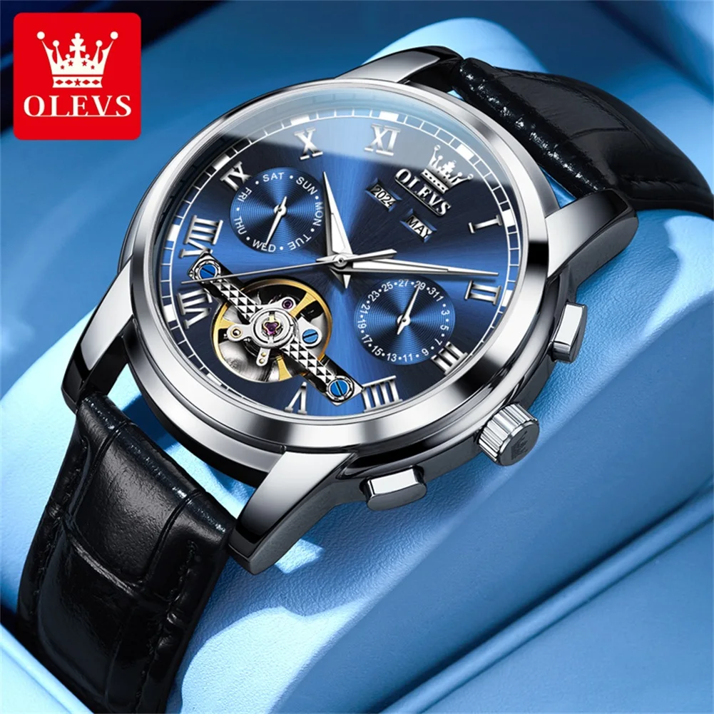 ساعة OLEVS 6607 من أفضل العلامات التجارية الميكانيكية للرجال بحزام جلدي أصلي مقاوم للماء وتقويم مجوف مضيء ساعة أوتوماتيكية للرجال #1
