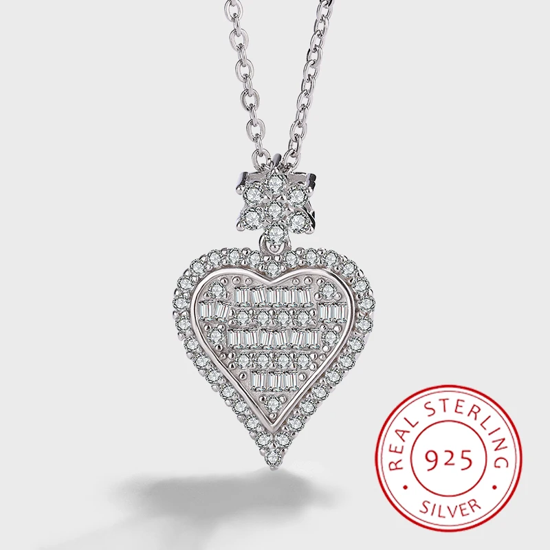 Luxurious and Unique Authentic S925 Silver Heart-shaped Full Diamond Pendant Necklace, Elegant Daily Clavicle Chain