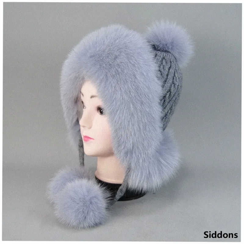 2026 New Style Winter Bomber Cap Elastic Women Natural Real Fox Fur Hats Fluffy Warm Fashion Stylish Knitted Pompom Girl Fur Hat