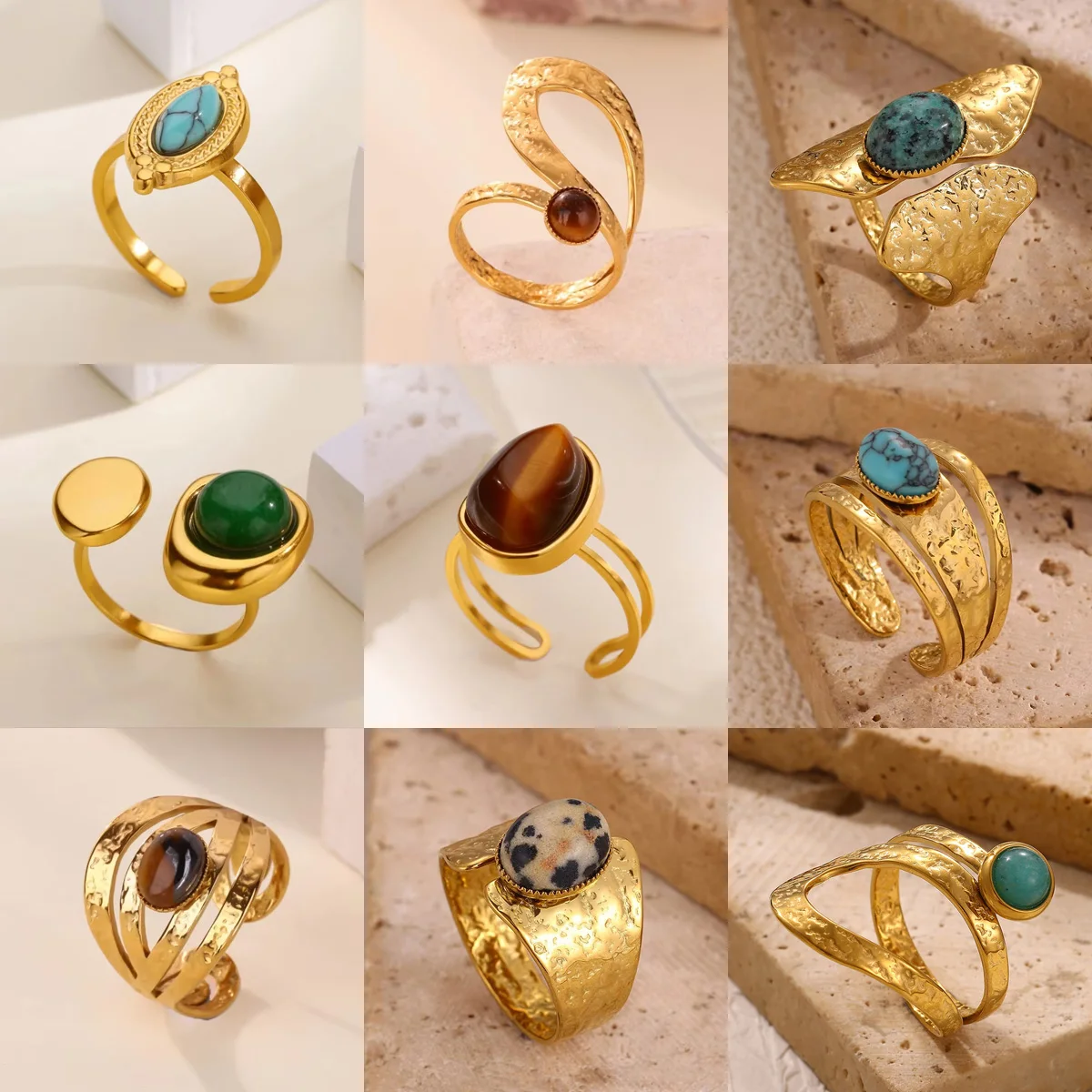 Vintage Geometrische Naturstein Offene Ringe für Damen und Herren Goldfarben Edelstahl Opal Ring Hochzeit Party Ästhetischer Schmuck