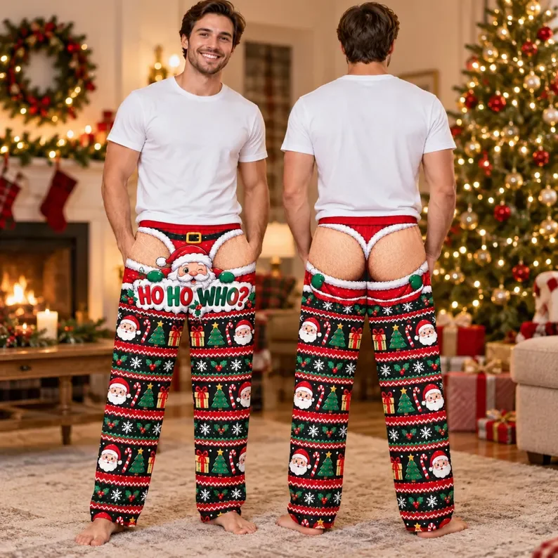 Fun Men's Santa Claus Christmas Tree Gift Snowflake Knitted Pattern HOHOWHO Printed Back Hip Flip Fun Holiday Home Pants