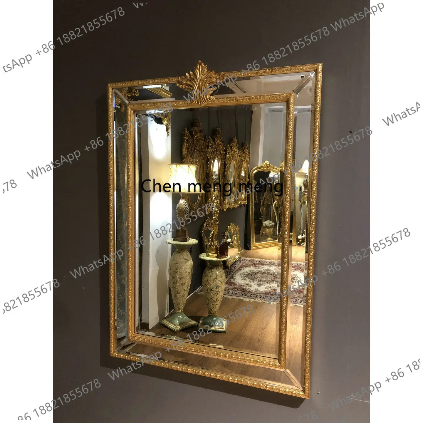 Square solid wood carved French light luxury bathroom makeup mirror vintage fireplace entrance mirror wall hanging mirror