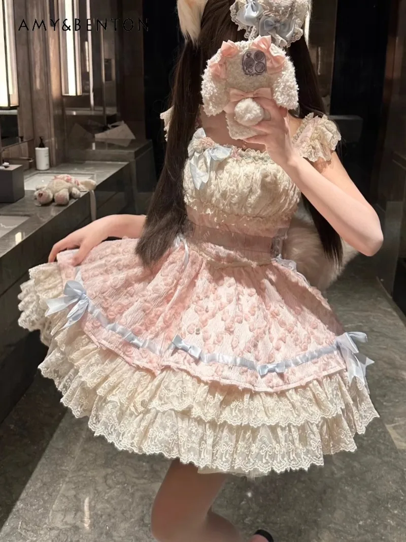 

Sweet Lolita Princess Puffy Evening Dresses JSK Strap Cute Bow Lace Patchwork High Waist Mini Dress Birthday Dress for Women