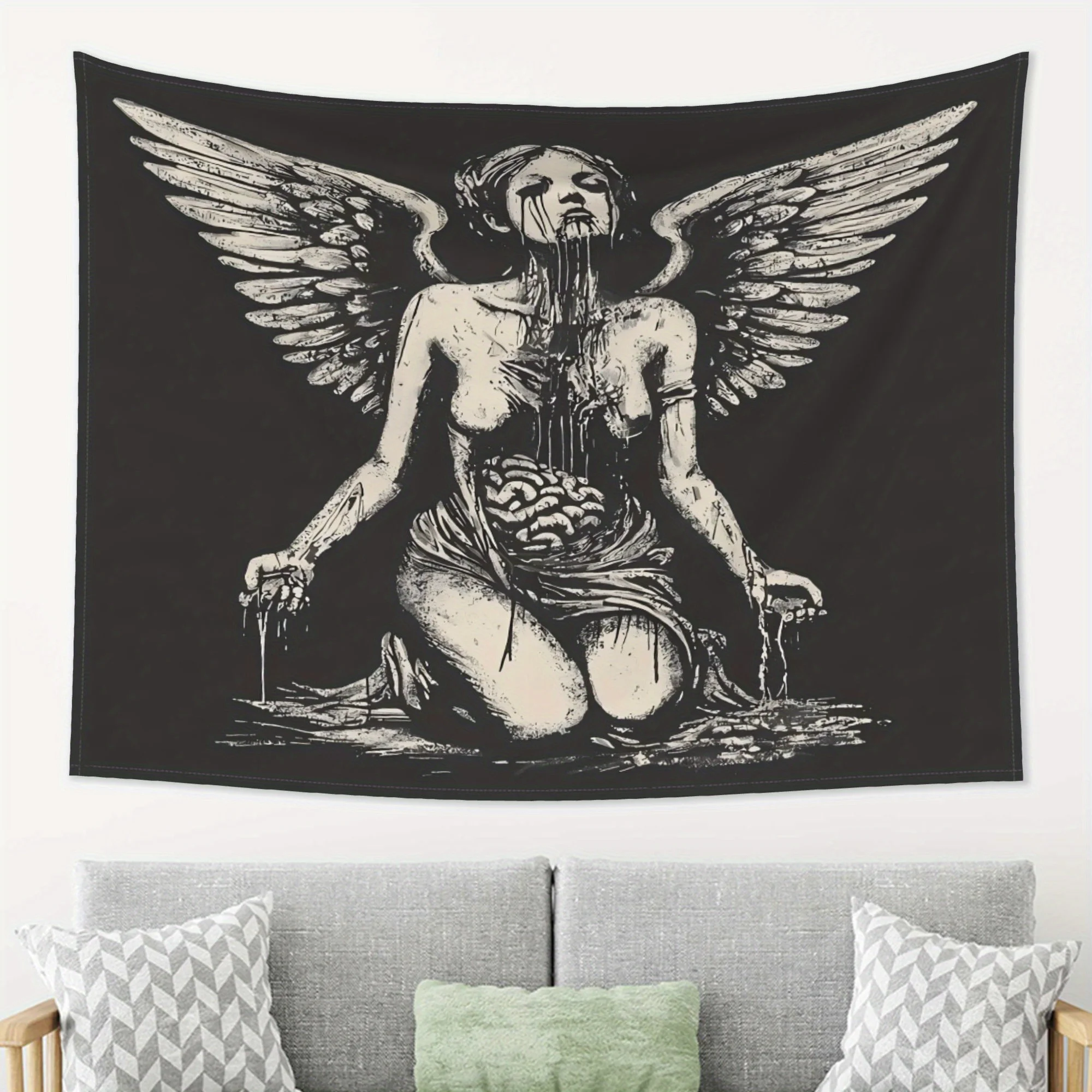 Dark Angel Tapestry Winged Figure Kneeling Art Mural Black Mystique Living Room Feature Wall Decor Room Accent