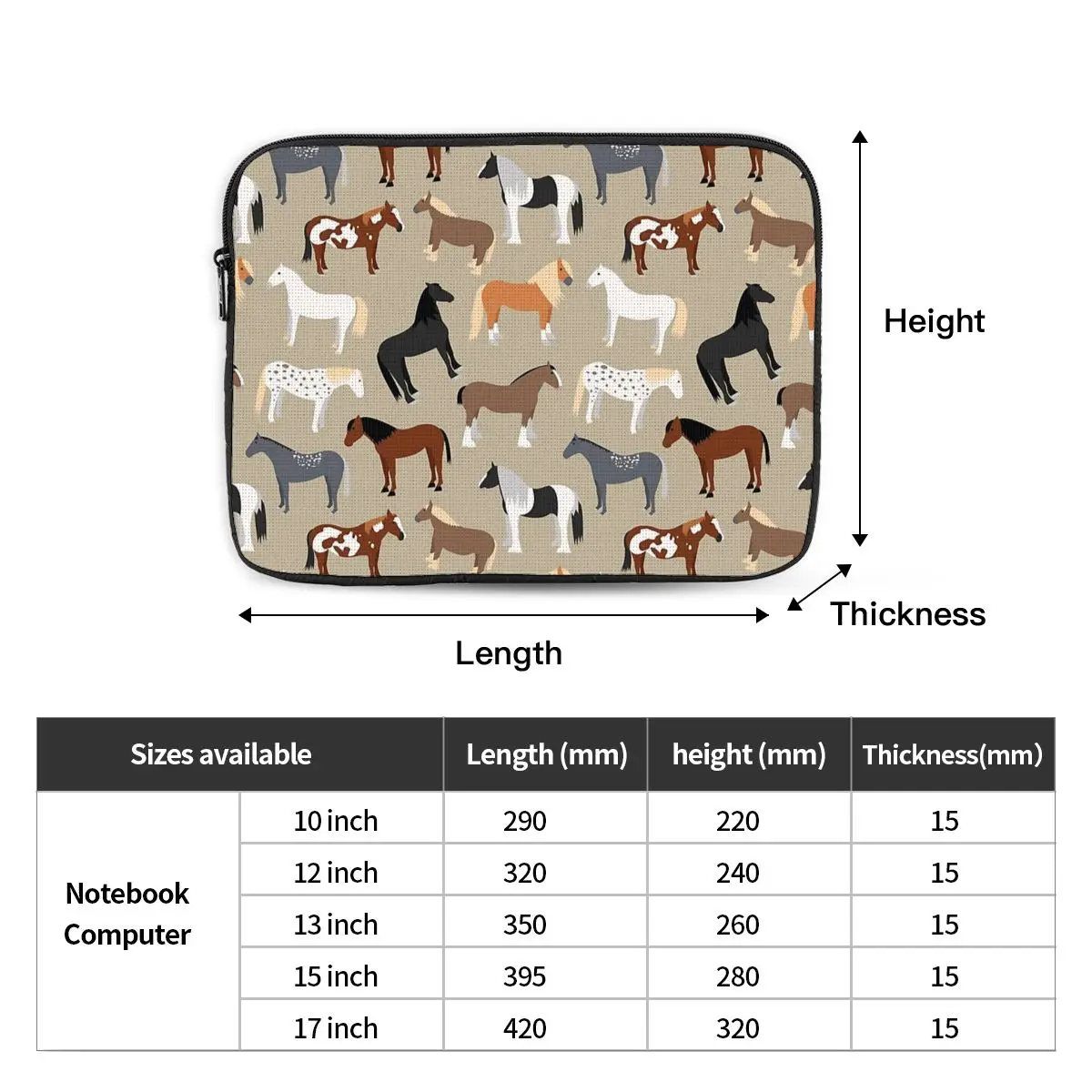 Horse Breeds Pattern Notebook Laptop Bag Case Pouch Notebook Sleeve Cover Bag Tablet Shockproof Case Bag