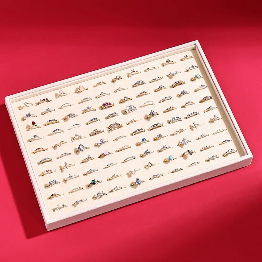 100 Slot Rings Display Organizer Flat Bottom Stackable Wood Velvet Jewelry Pallet Space Saving Wear-resistant