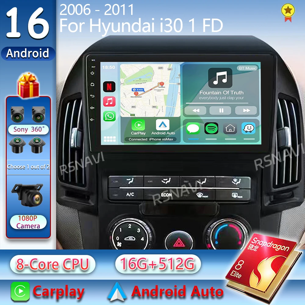 Android 16 Autoradio für Hyundai i30 1 FD 2006-2011 2K QLED Android Multimedia Videoplayer GPS Stereo CarPlay 4G Head Unit