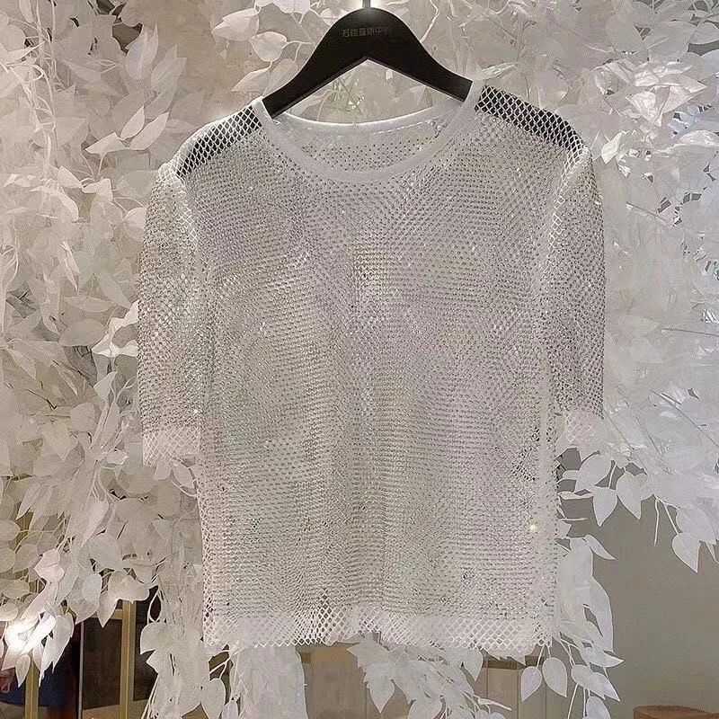 Oberbekleidung Damen T-Shirt 2026 Sommer Neue Damen Temperament Strass Rundhals Helles Sternenlicht Hohl Glänzendes Bodenbildungshemd – Detail 2