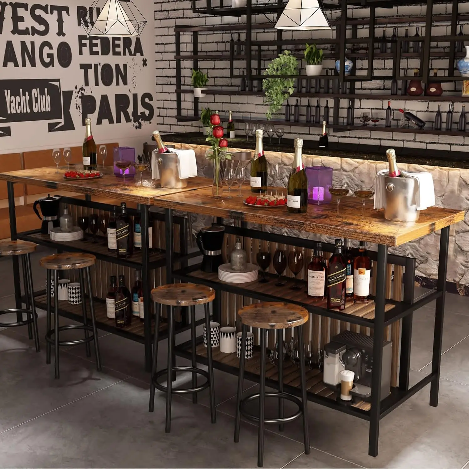 3-Piece Pub Set, Rectangular Table with Storage, 2 Bar Stools, Modern Counter Height, Faux Marble, Rustic Brown