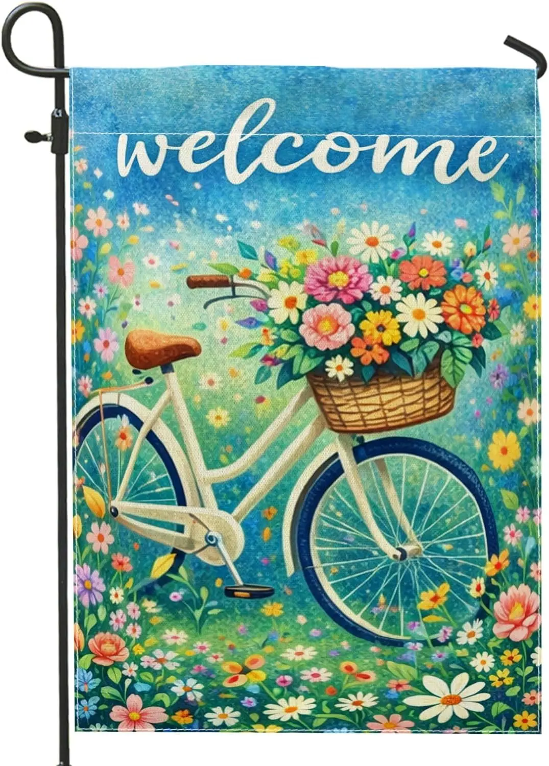 Bike Garden Flag, Spring Colorful Flowers Basket Spring Green Burlap Double Sided Yard Decorative Flags for Outdoor Lawn Fro AAS