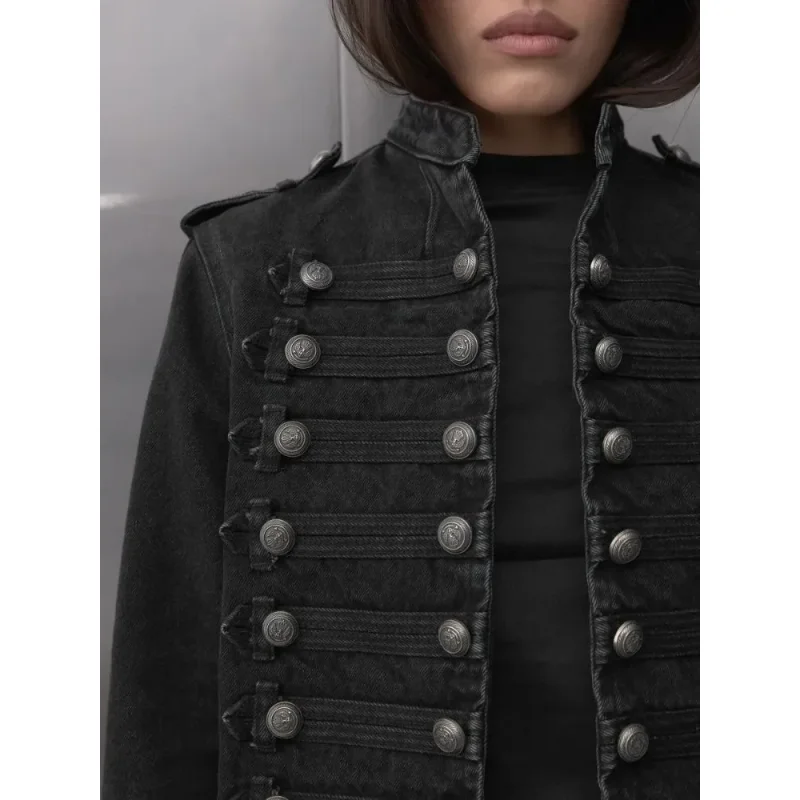 Y2K Retro Hussars Jacket Stand Collar Double Breasted Button Cropped Jacket Napoleon Old Money BLK Denim Jacket Women Boxy Coat