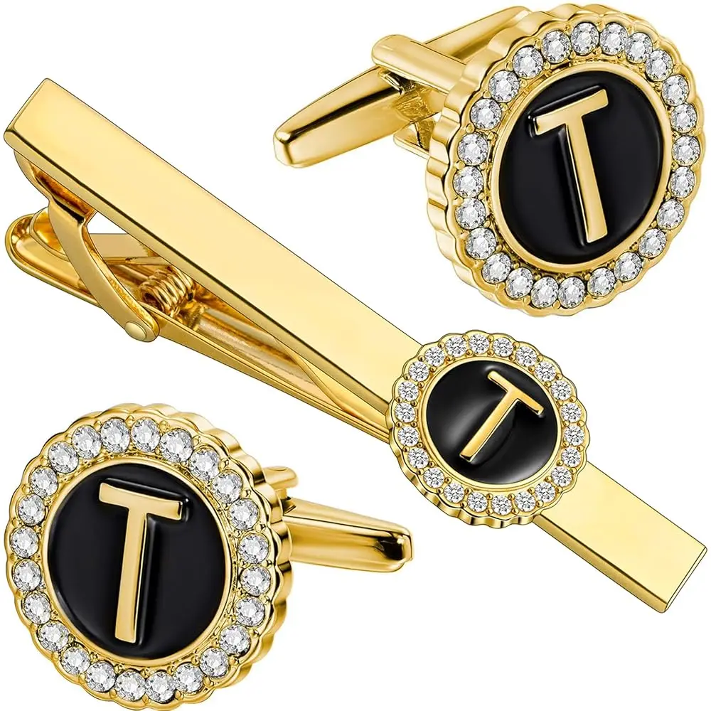

Зажим для галстука и запонки из золота 18 карат для мужчин, 2,2-дюймовая шпилька для галстука и мужские запонки с персонализированной гравировкой букв A-Z и прозрачной надписью