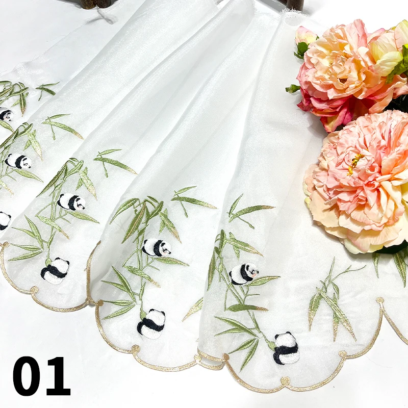 100*45cm Chinese Classical Style Panda Sakura Embroidery Fabric Chiffon DIY Antique Hanfu Stage Costumes Shirts Doll Cloth