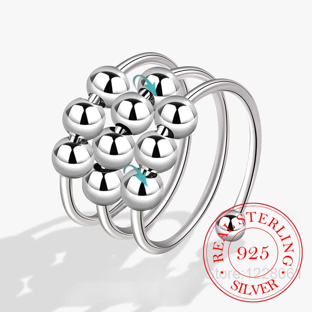 925 Sterling Silver 3-layer Rotating Beads Ball Finger Rings For Women Fashion Wedding Engagement Party Charm Jewelry