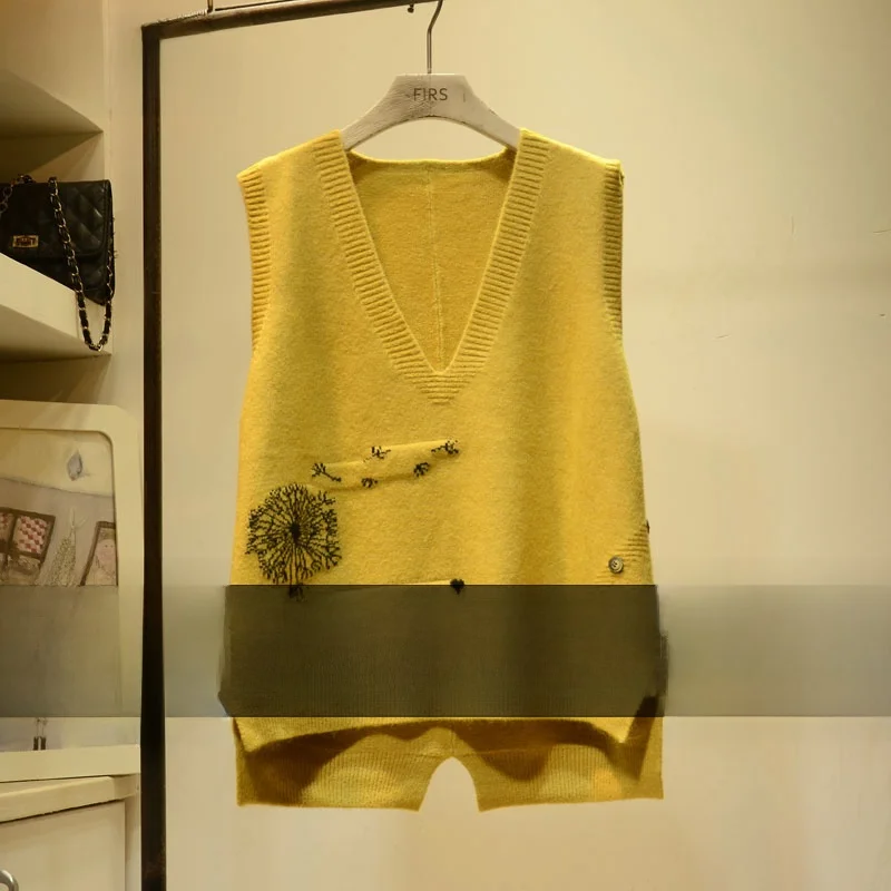 Loose Knitted V-Neck Women's Vest Top Sleeveless Sweater Korean Style Pure Color Casual Fashion Autumn Spring New Arrival