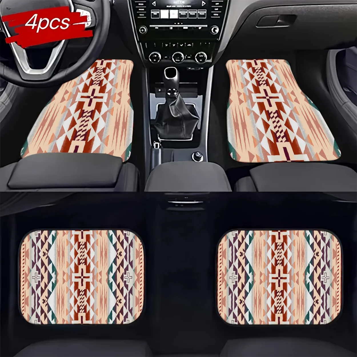 4pcs Universal Car Floor Mats, Brown Base With Ethnic Geometric Patterns, Stylish And Versatile, Comfortable And Aesthetic, Car