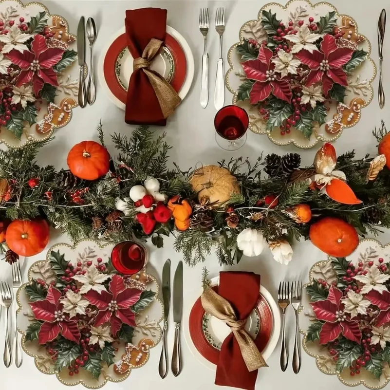 4Pcs Christmas Circular Waves Placemats, Non‑Slip Heat Resistant Round Table Mats, Winter Dining Table Decor for Xmas Party Home