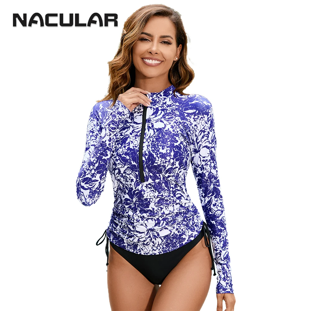 NACULAR Surfing Rashguard Long Sleeve Swimwear Women Protection Rash Guards Two Pieces Swimsuit Shorts Zipper Tankini Printed