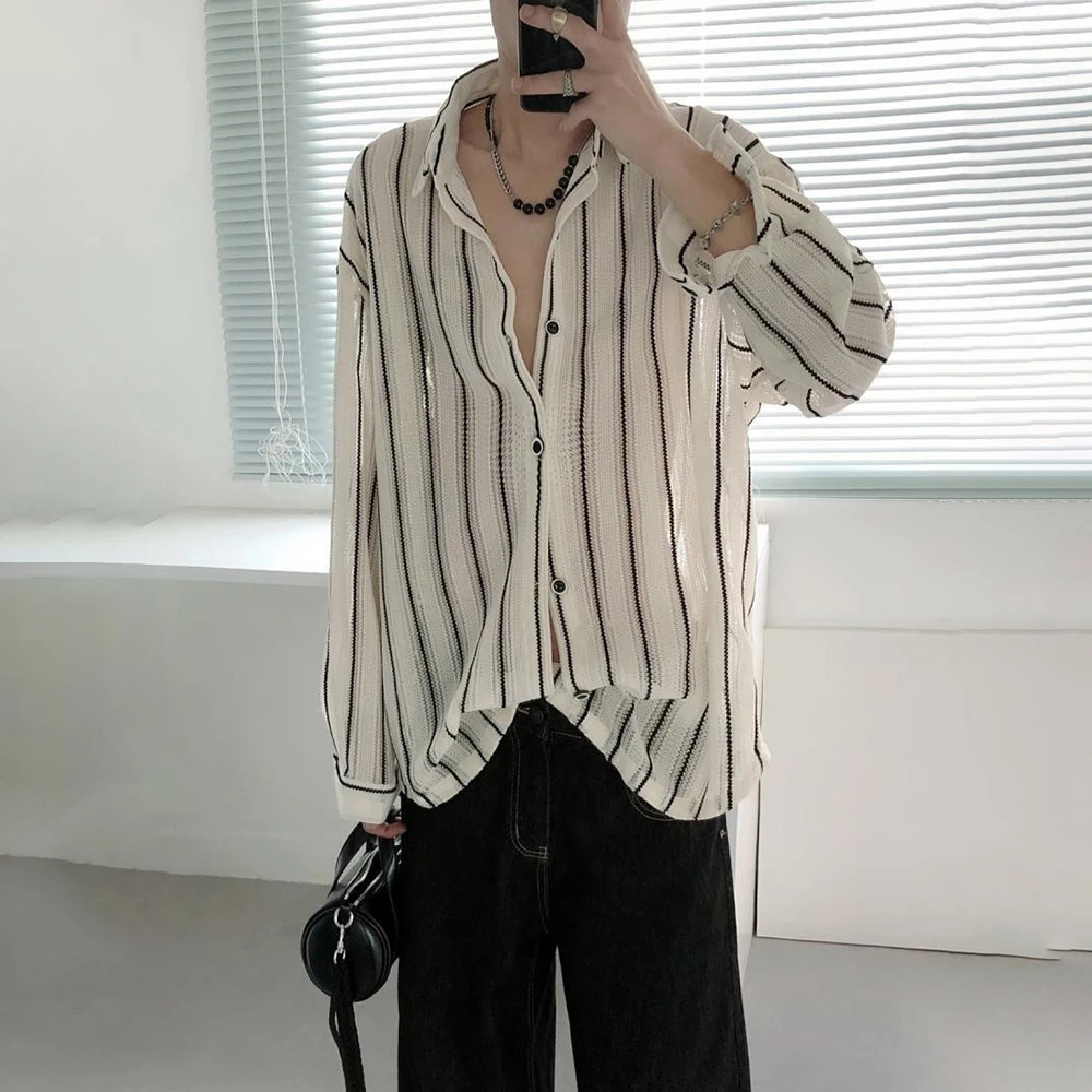 

2026 Summer New Men's Striped Long-Sleeve Shirt American Retro Fashion Trendy High Street Loose Casual Breathable Men's Top