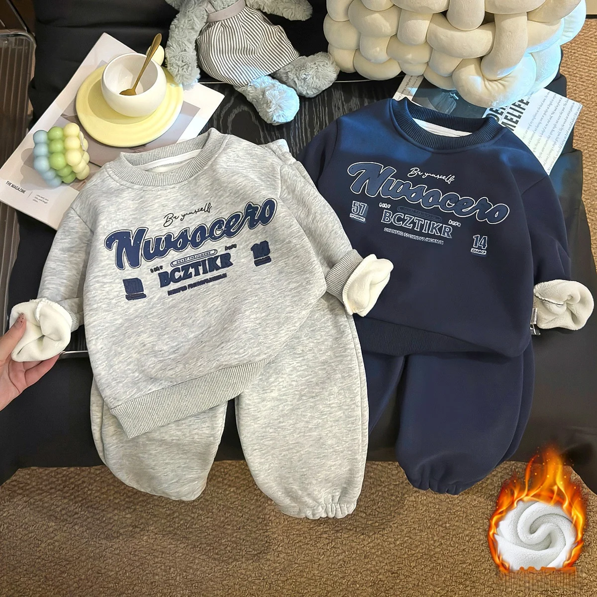 

1-6Y Kids Fleece Lined Tracksuit Letter Printed Sweatshirt Pants Sets Boys Girls Warm Casual Outfit 2025 Children’s Clothing