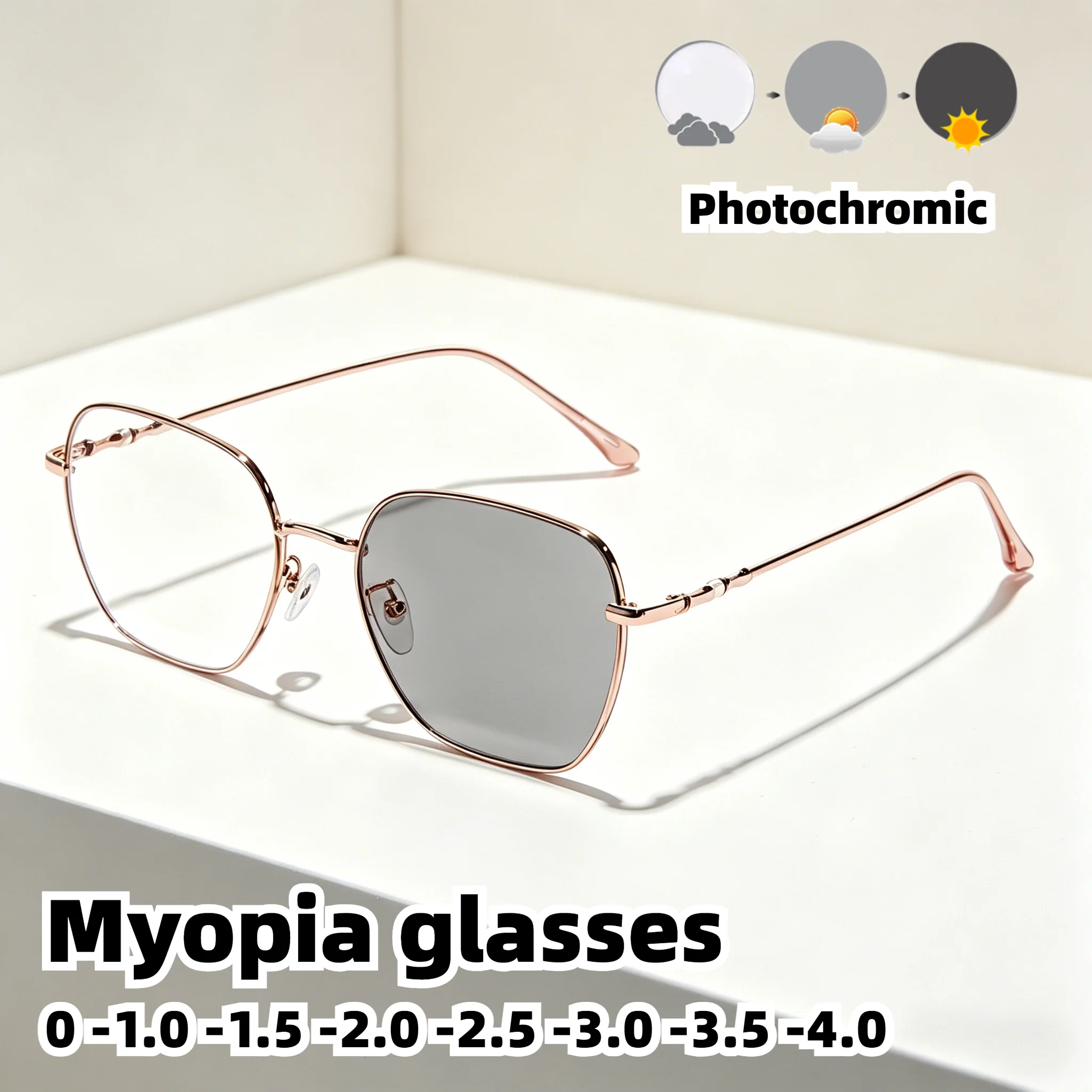 

Stylish Silver Hexagonal Photochromic Myopia Glasses Metal Frame Eyeglasses for Daily and Outdoor Use 0 To -4.0 Diopters